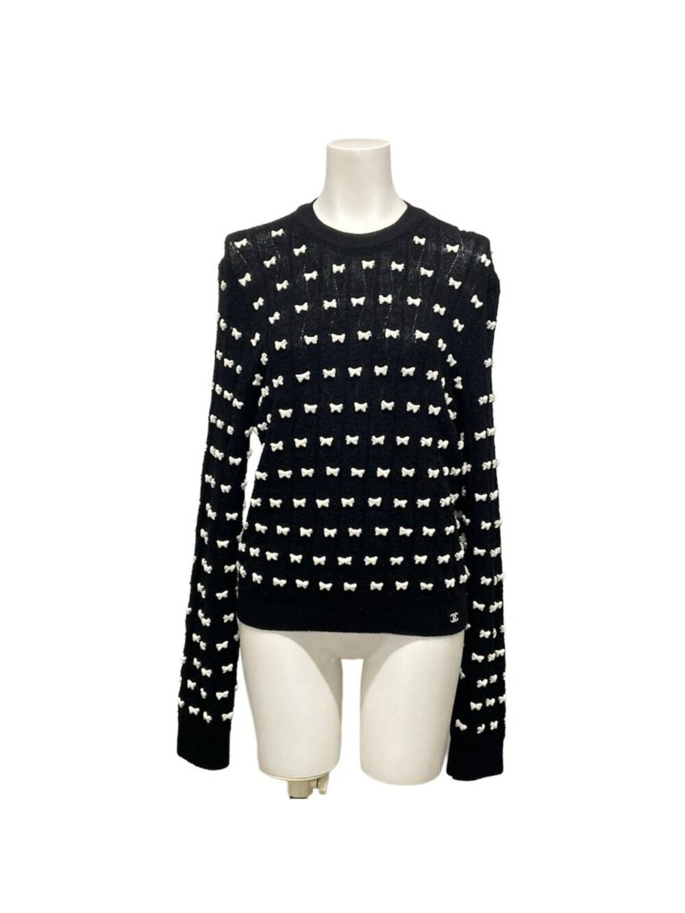 Chanel Long Sleeve Sweater Black White Crew Neck Ribbon Wool
